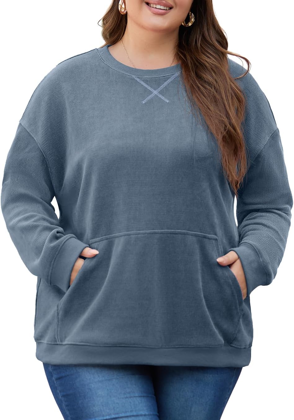 Plus Size Oversized Corduroy Sweatshirt with Kangaroo Pocket