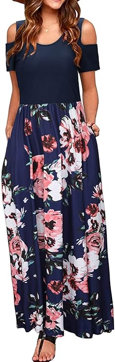 Kancystore Women's Short Sleeve Floral Maxi Dress with Pockets