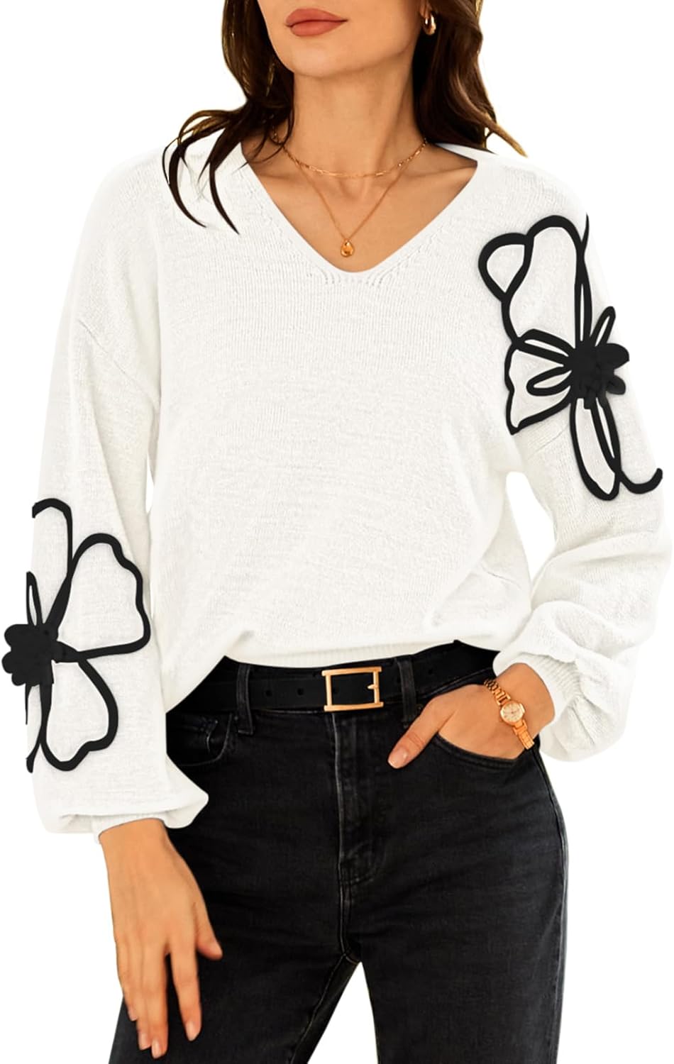 Pink Queen Women's Floral V Neck Pullover Sweater for Fall