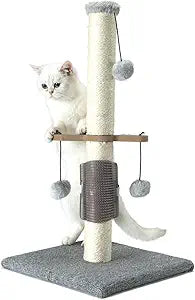 PAWSFANS Cat Scratching Post with Hanging Balls and Brush