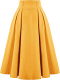 Belle Poque Women's Vintage High Waist Pleated Midi A-Line Skirt solid