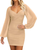 Womens V Neck Ruched Bodycon Mini Dress with Puff Sleeves