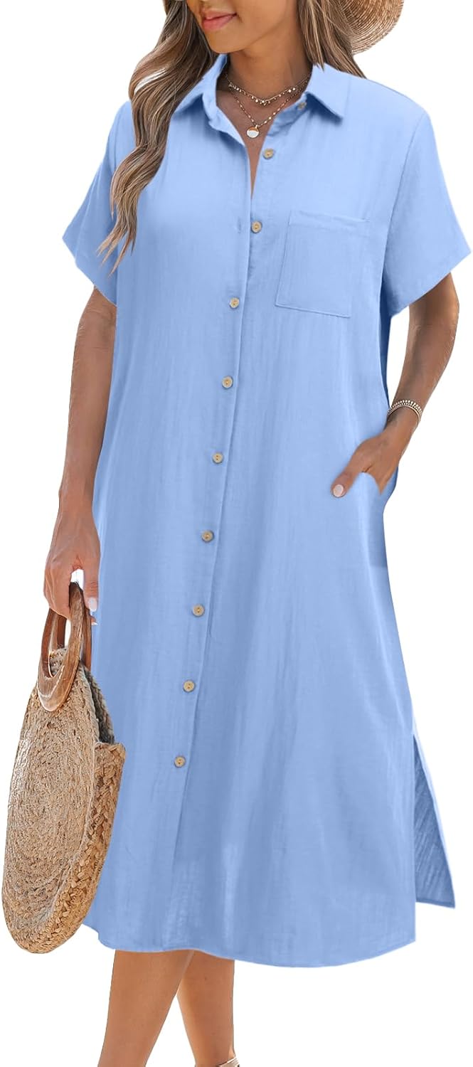 Casual Short Sleeve Button Down Shirt Dress for Women 2025