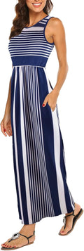 Women's Sleeveless Striped Flowy Long Maxi Dress - With Pockets