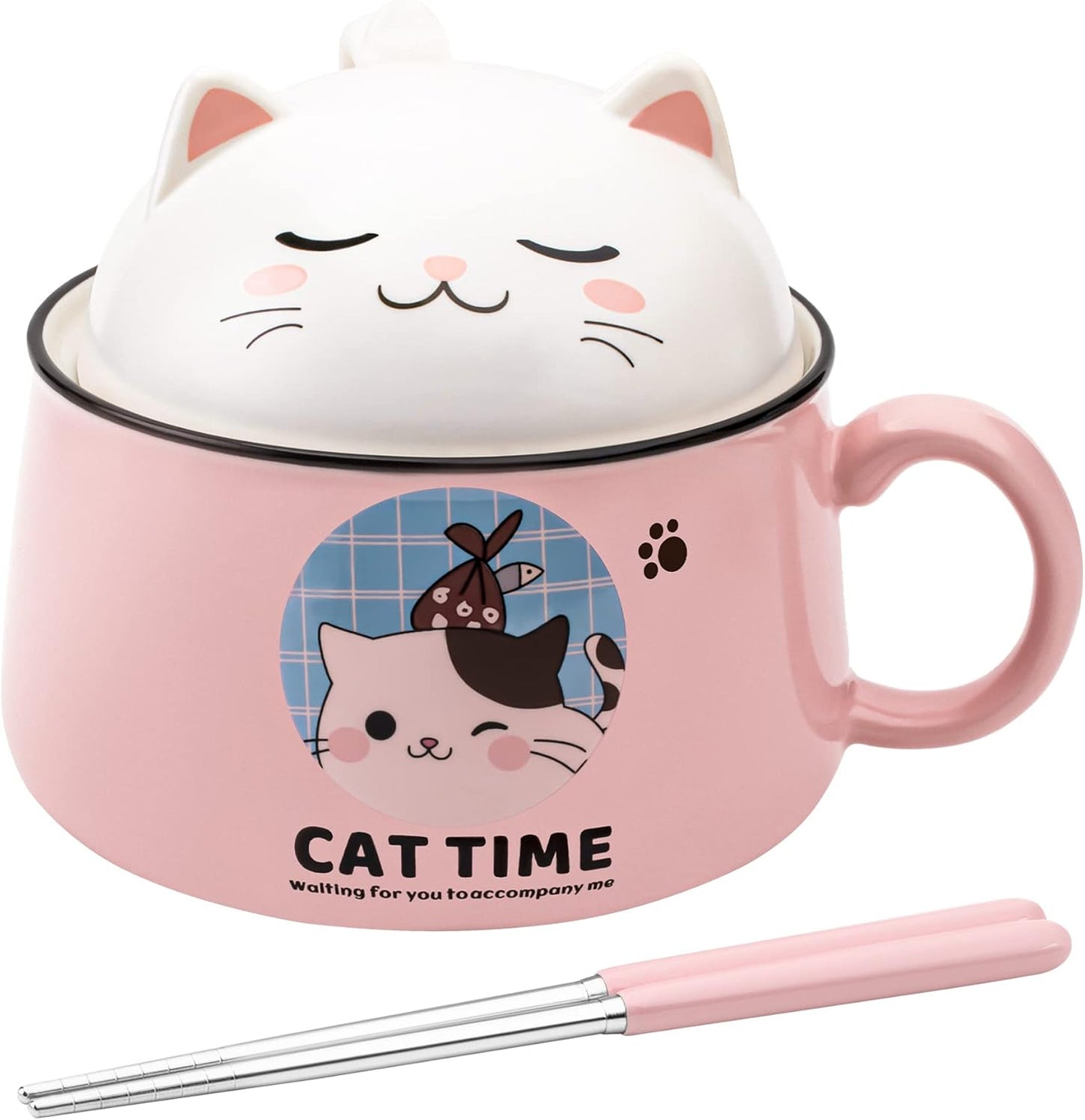 Cute Cat Ramen Bowl Set - 34.5 OZ Ceramic