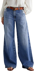 Wide Leg Jeans for Women Mid Waist Baggy Stitch Decor Denim Washed we