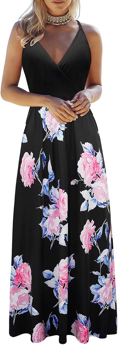 OUGES Womens Summer Deep V Neck Floral Maxi Dress for Beach