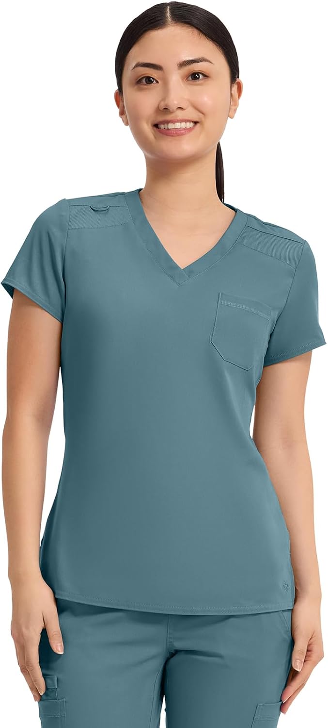 Med Couture Women's V-Neck Scrub Top with Stretchy Shoulders