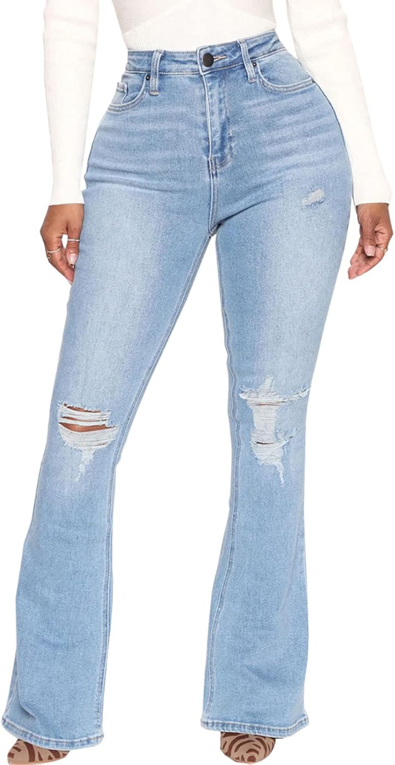 Ripped High Waisted Bell Bottom Jeans for Women Flared Denim