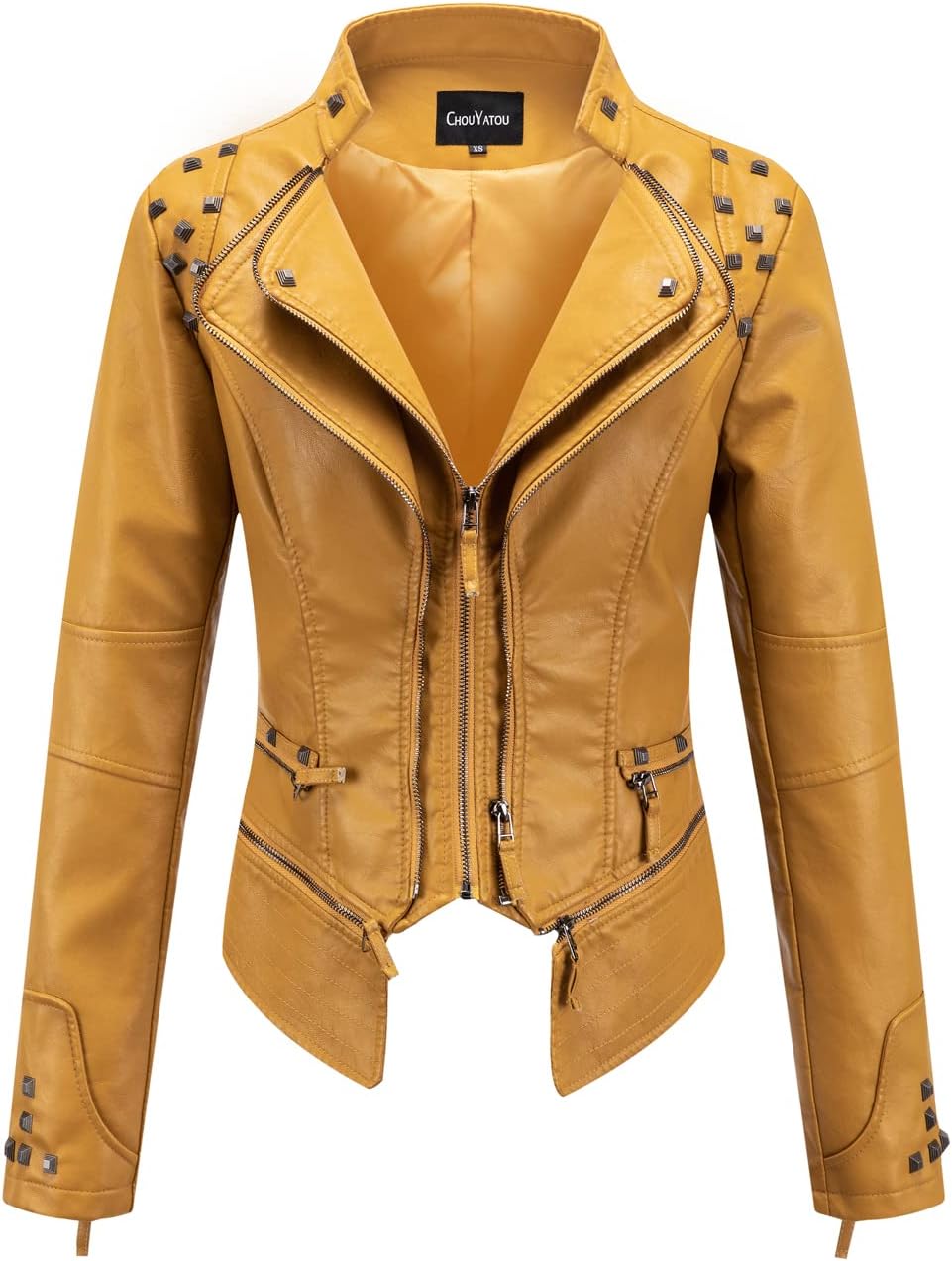 Chouyatou Women's Fashion Studded Faux Leather Biker Jacket