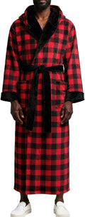 Plush Fleece Hooded Mens Robe in Red Black Buffalo Check - Full Length