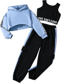 Girls Graphic 3 Piece Outfits Workout Set - Hoodie, Crop Tank