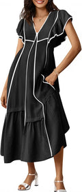 Wenrine Womens V Neck Ruffle Sleeve Midi Dress - Flowy Summer Fit