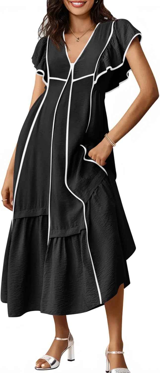Wenrine Womens Summer V Neck Midi Dress with Ruffle Sleeves