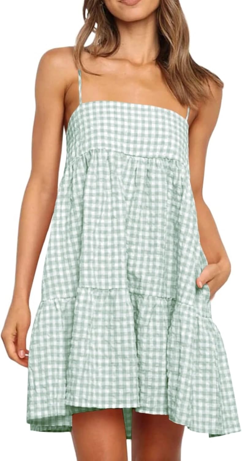 Womens Summer Plaid Mini Dress with Pockets for Casual Wear