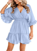 Womens V Neck Summer Mini Dress - Flowy Ruffle Pleated Style