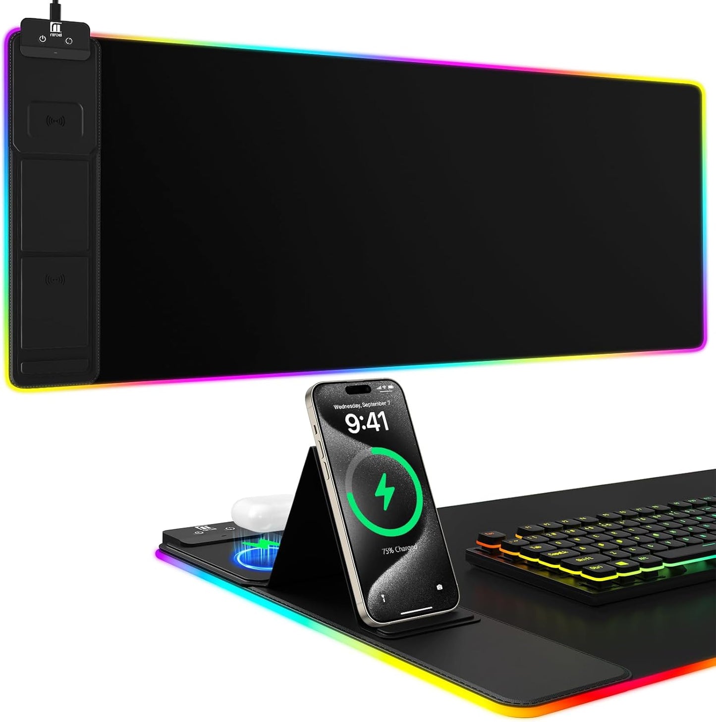 Wireless Charging Mouse Pad with Phone Holder and RGB Lighting
