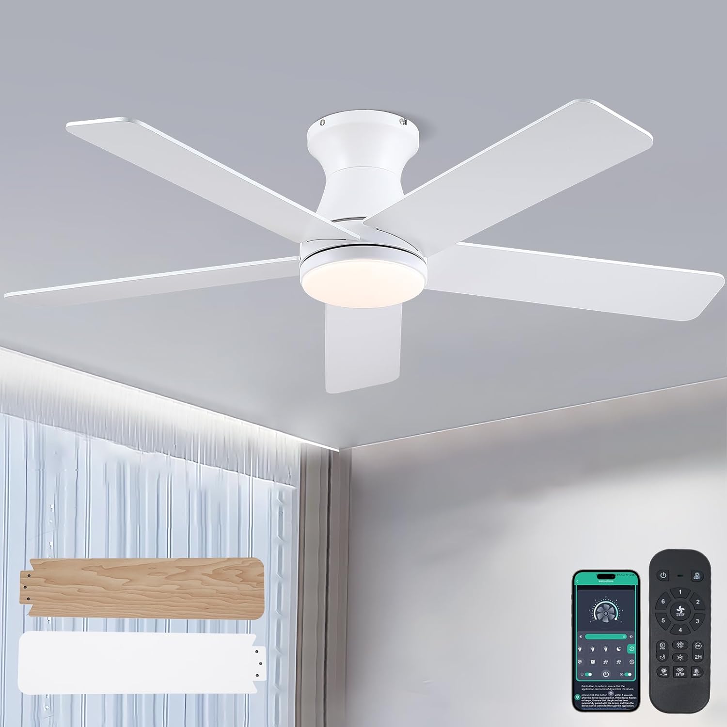 46in White Low Profile Ceiling Fan with Lights and 6 Speeds