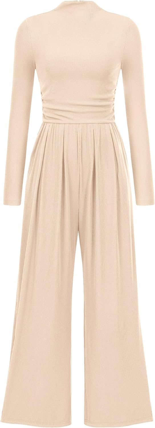 PRETTYGARDEN Long Sleeve Mock Neck Jumpsuit for Women Fashion