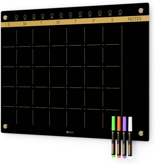 Black Glass Golden Monthly Dry Erase Calendar for Home Office