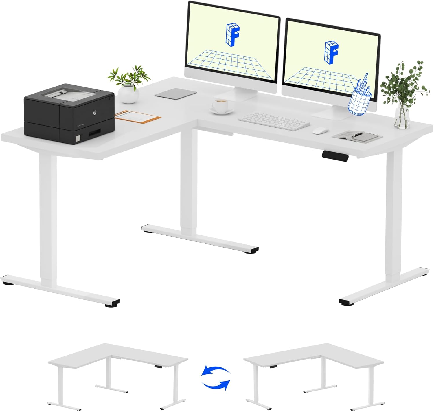 Electric L-Shaped Standing Desk, Height Adjustable, Home Office, White
