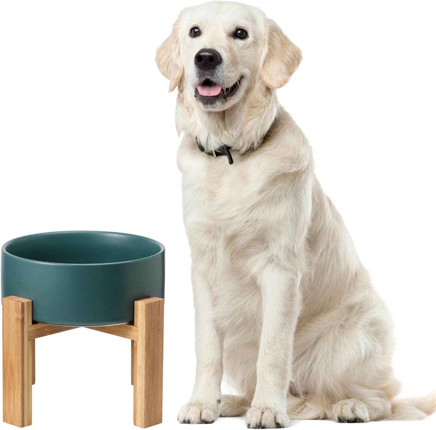 Elevated Ceramic Large Dog Bowl with Bamboo Stand for Comfort