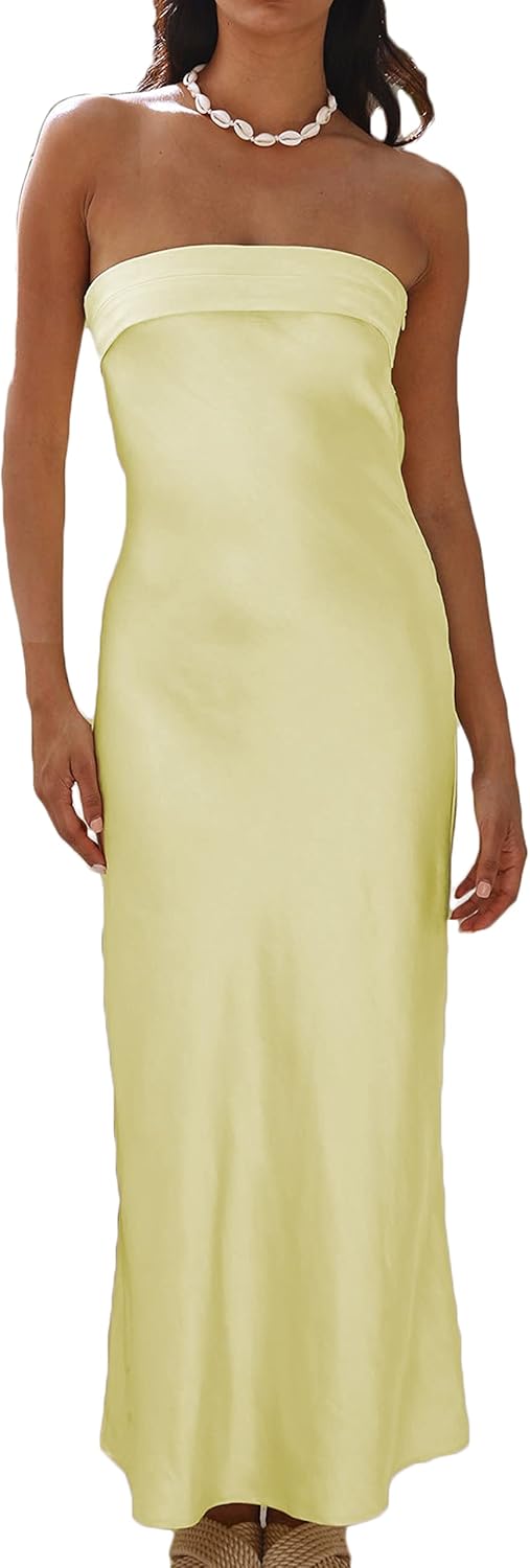 Realtix Satin Silk Backless Tube Tops Maxi Dress for Women