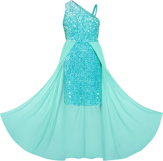 Girls Sequin Dress One Sleeve Formal Pageant Prom Party Dress