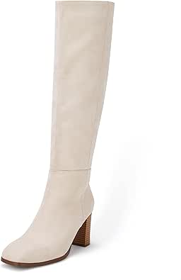Coutgo Womens Knee High Boots with Chunky Block Heels and Zipper
