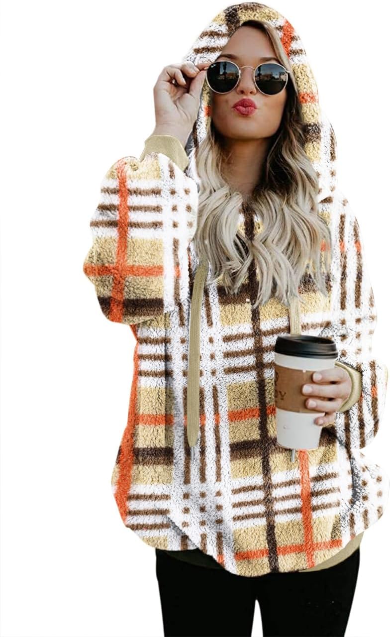 Women Casual Double Fuzzy Sweatshirt Cozy Zip Pullover Hoodies