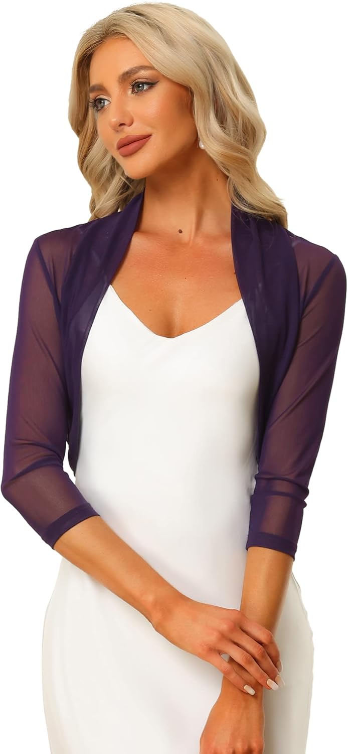 Allegra K Women's 3/4 Sleeve Sheer Mesh Shrug for Dresses