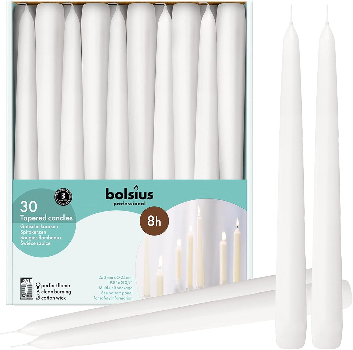 BOLSIUS Long White Taper Candles - 10-inch Unscented Pack
