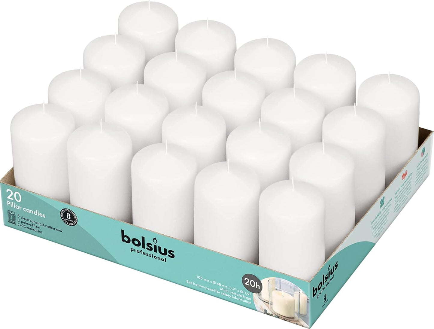 BOLSIUS Set of 20 White Pillar Candles for Special Occasions