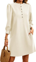 Wenrine Womens 3/4 Puff Sleeve Mini Dress Button Crewneck - Elegant is
