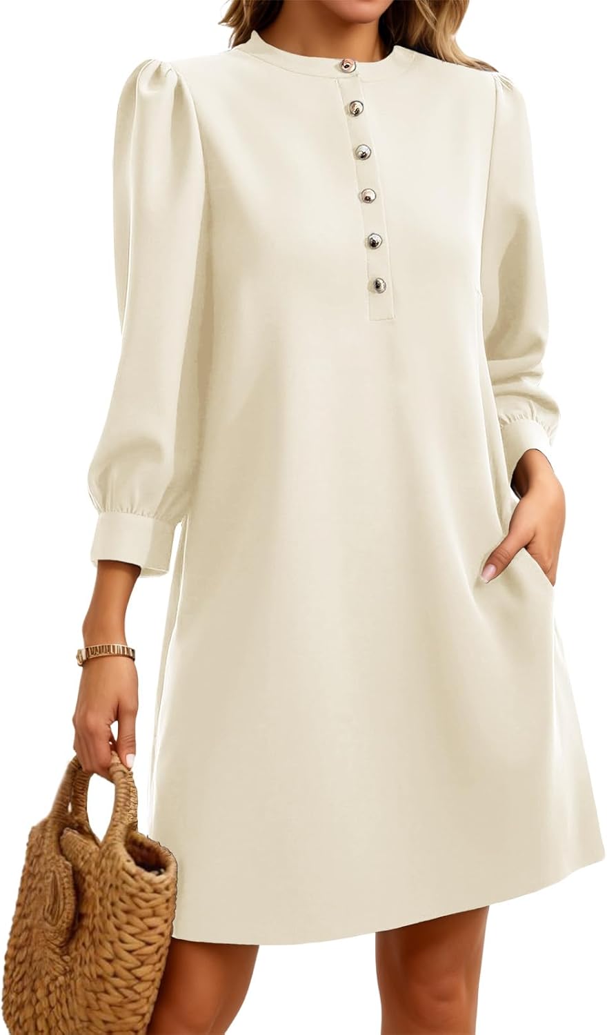 Wenrine Womens 3/4 Puff Sleeve Mini Dress for Elegant Style