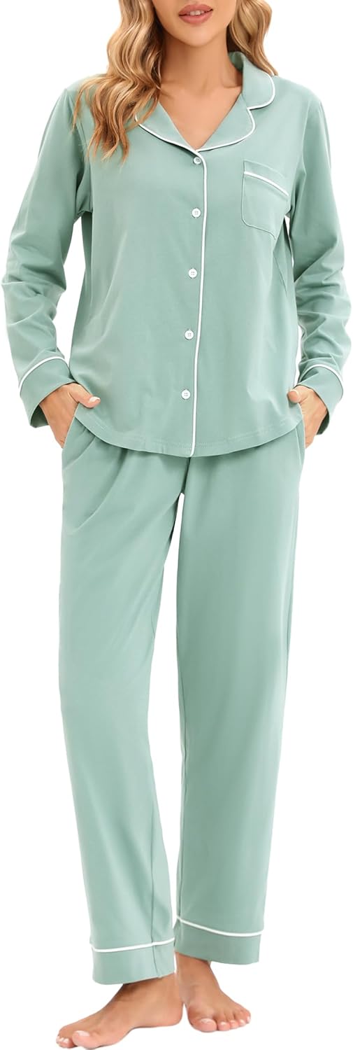 LUBOT 100% Cotton Pajamas for Women - Soft Button-Down Set