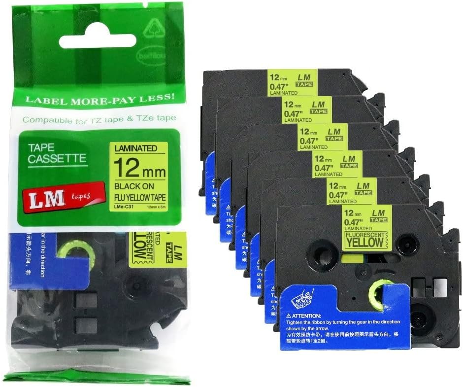 6 Pack of TZe-C31 Black on Fluorescent Yellow Label Tape