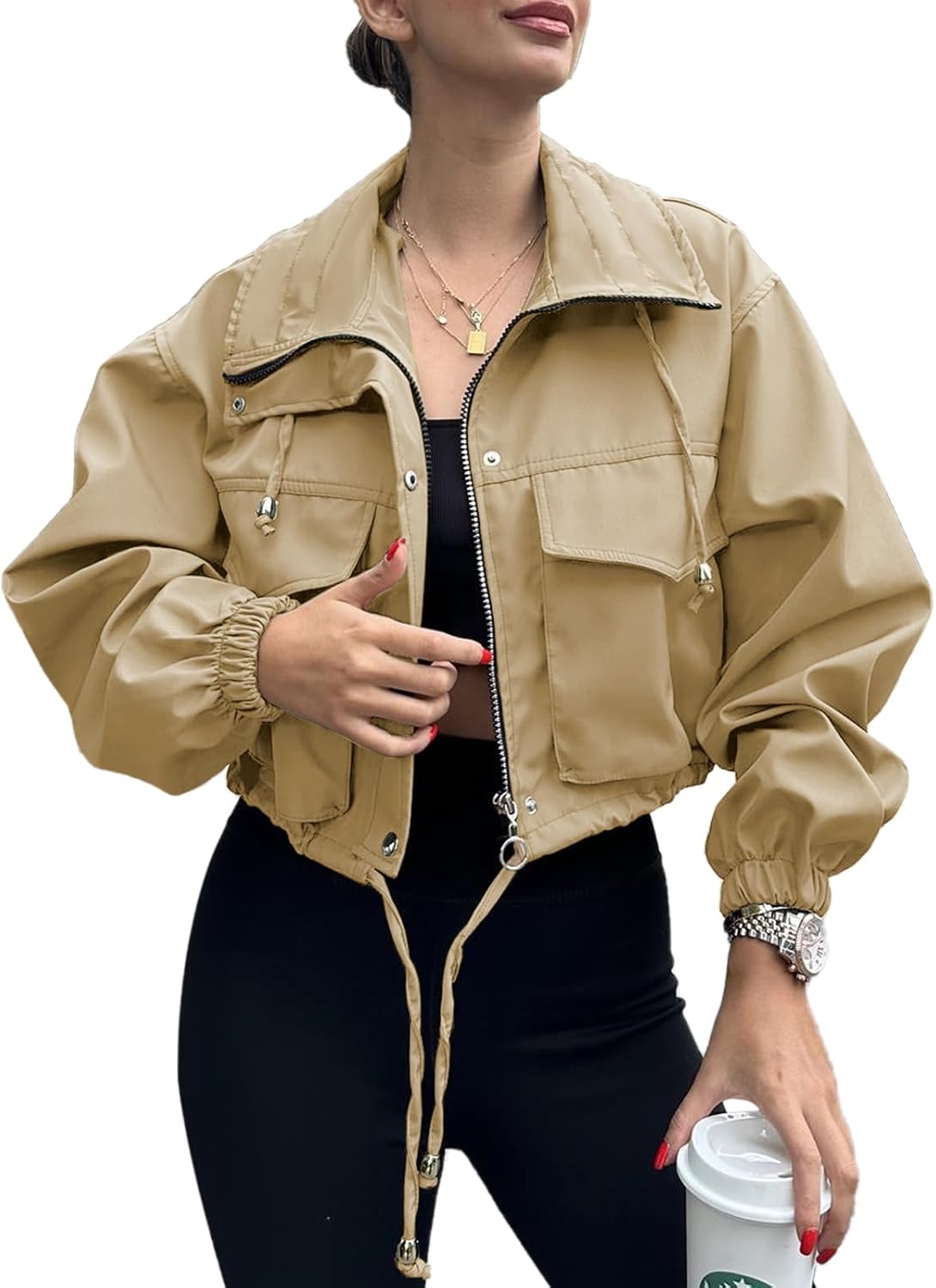 Tankaneo Womens Cropped Jacket Zip Up Lightweight Anorak Coat