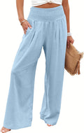 ANRABESS Women Linen Palazzo Pants - Smocked High Waist Summer Wide