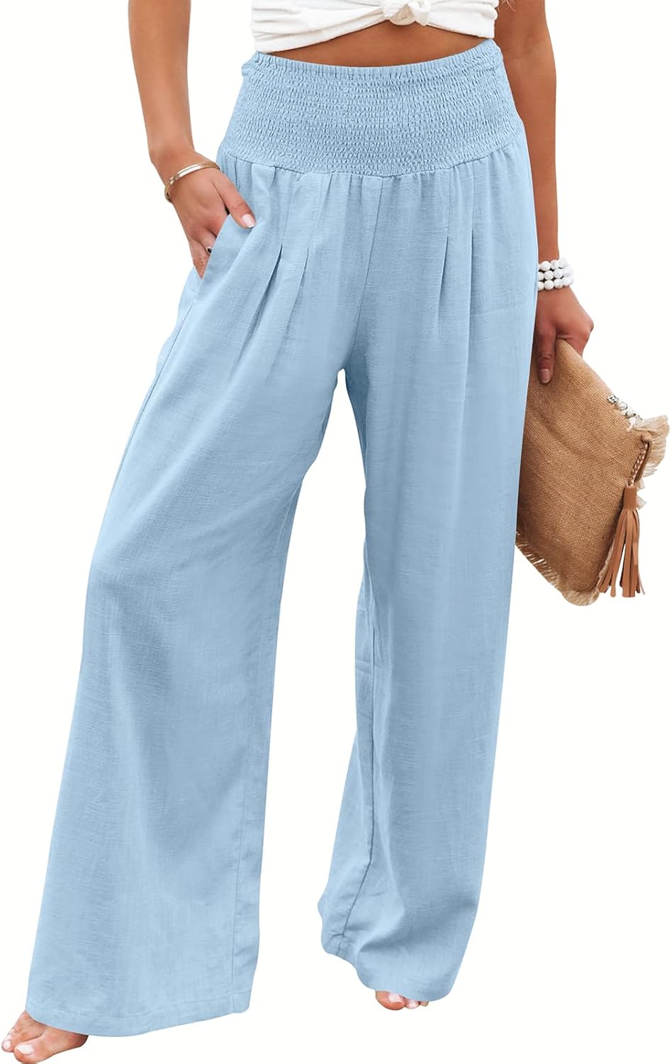 Linen Palazzo Pants for Women - Boho Wide Leg Casual Style