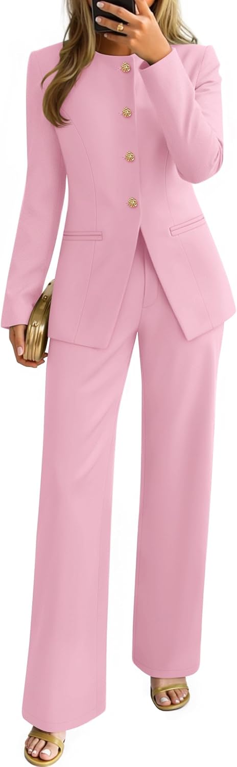 ZESICA Women's Fall Two Piece Blazer and Wide Leg Pants Set