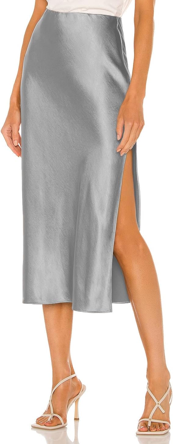 Womens Satin Silk High Waist Slit Midi Skirt for Every Occasion