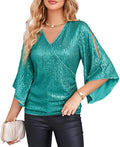 Sparkly Sequin V-Neck Blouse with 3/4 Bell Sleeves - Party Ready