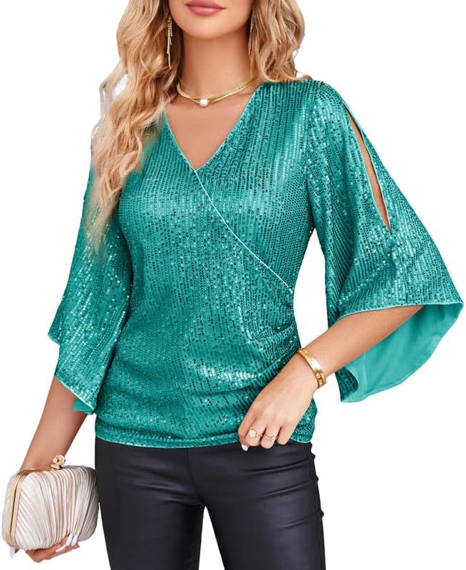 Sparkly Sequin Tops for Women - V-Neck Glitter Blouse
