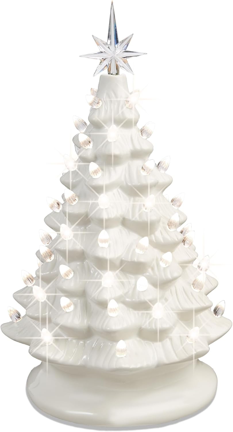 15in Ceramic Christmas Tree with Lights and Star Toppers