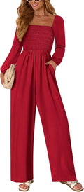 Jumpsuits for Women Square Neck Smocked Bust Wide Leg Romper