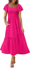 Summer Dresses for Women Square Neck Ruffle Sleeve Smocked Maxi Dress