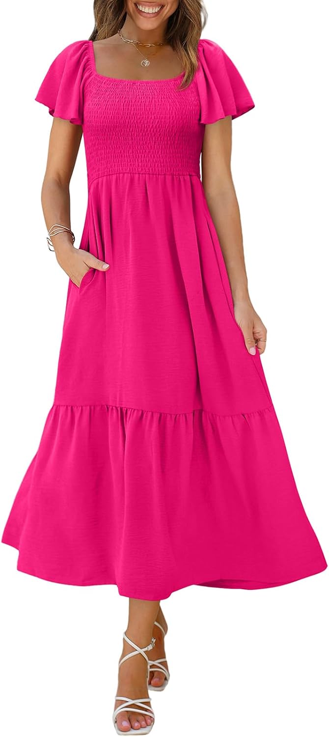 OFEEFAN Summer Dresses for Women with Square Neck and Pockets