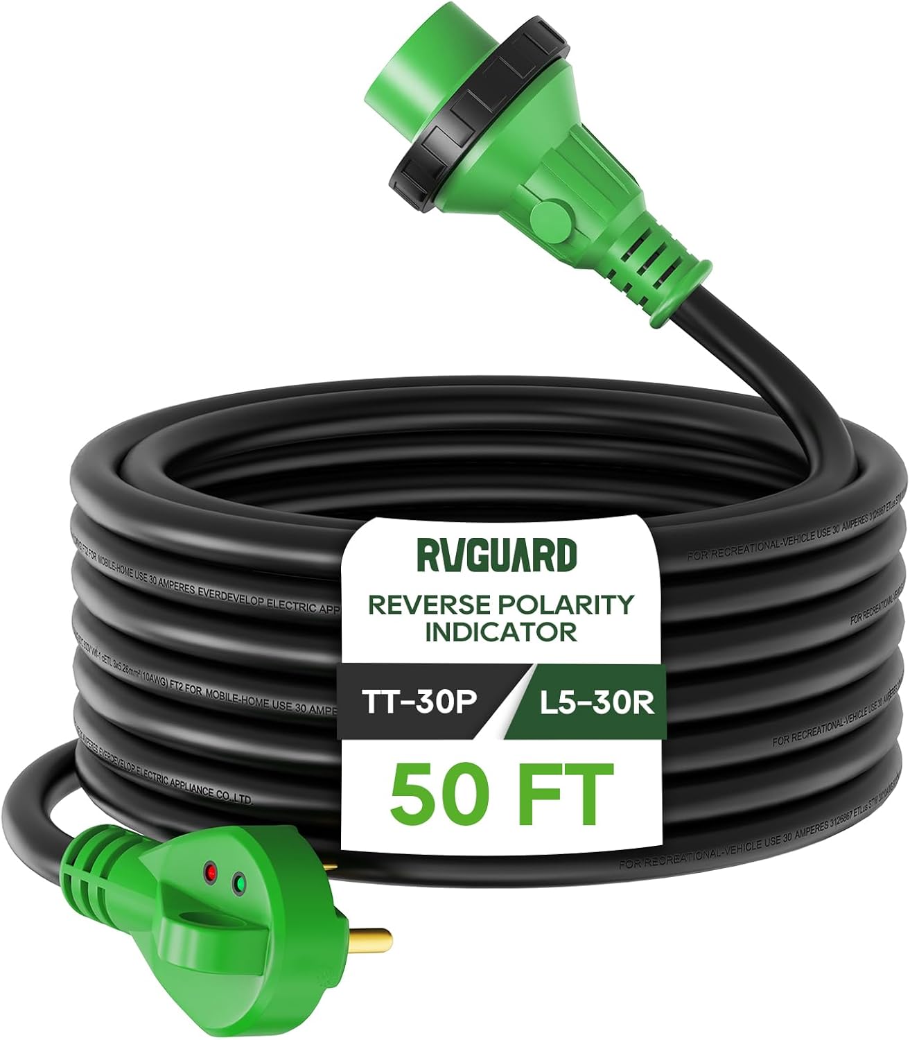 RVGUARD 30 Amp 50 Foot RV Power Cord with Reverse Polarity Indicator