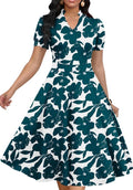 Womens Short Puff Sleeve V Neck A-Line Dress - Comfortable